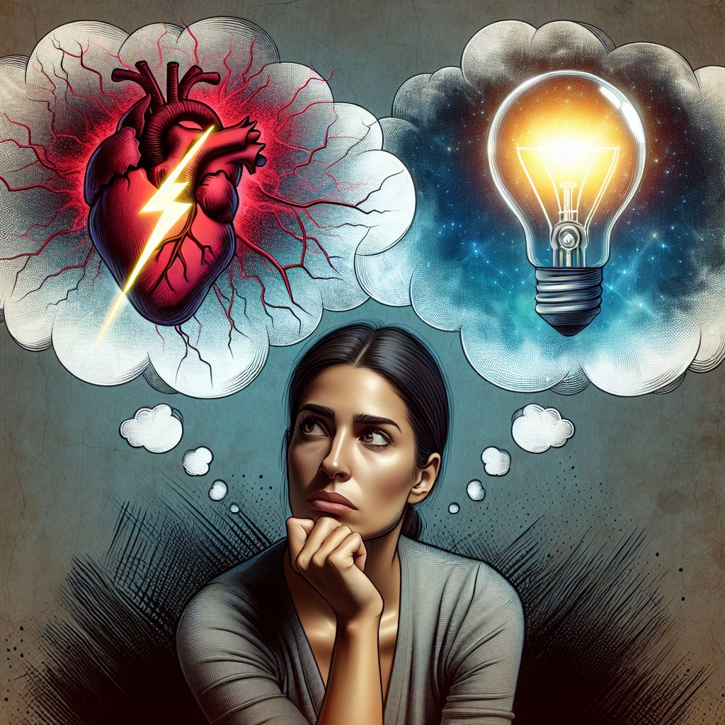 A conceptual illustration showcasing a woman looking thoughtful with two thought bubbles above her head; one showing a broken heart, the other a light bulb symbolizing a new idea or plan.
