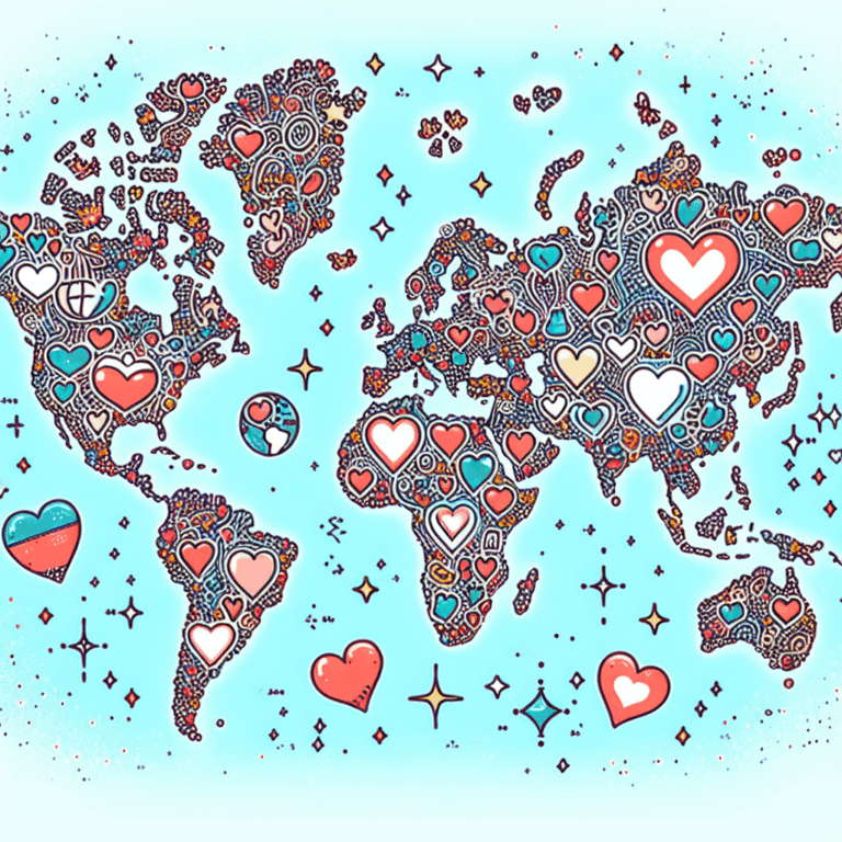 An artistic illustration depicting an international map with playful romantic icons such as hearts and stars over various countries, symbolizing the diversity of perceived sexual prowess across nations.