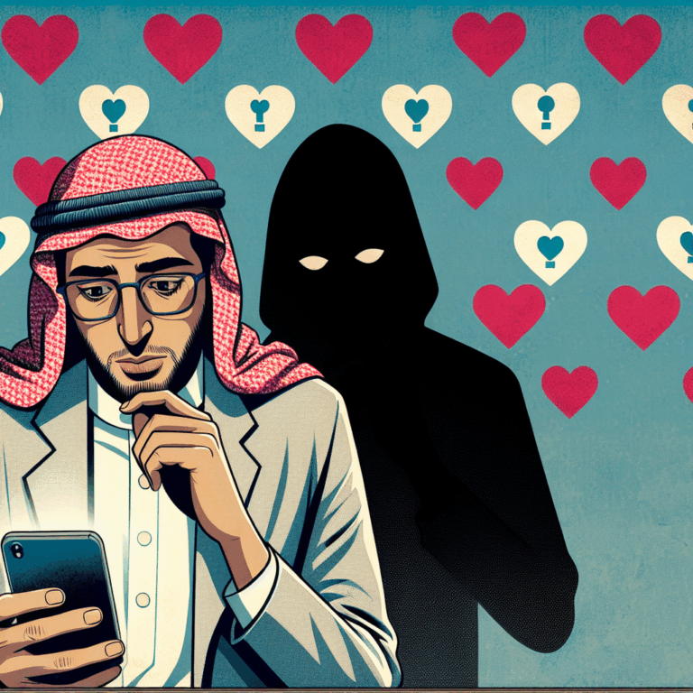 A mysterious illustration showing a person peeking into a phone with a background of heart icons and a shadowy figure, representing online infidelity.