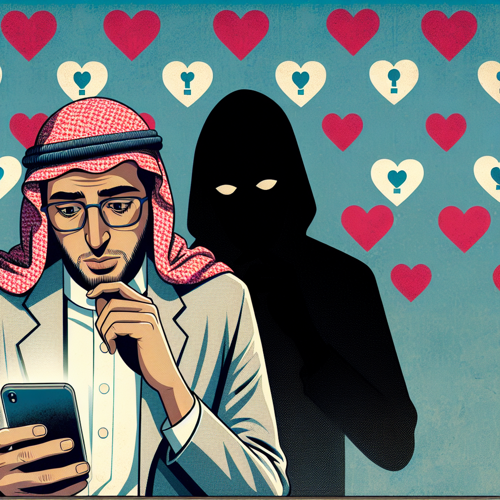 A mysterious illustration showing a person peeking into a phone with a background of heart icons and a shadowy figure, representing online infidelity.
