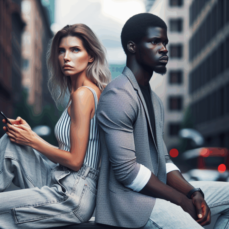 A couple sitting back to back, both looking away with thoughtful expressions, one holding a phone, symbolizing emotional distance and contemplation post-breakup, with a blurred urban background.