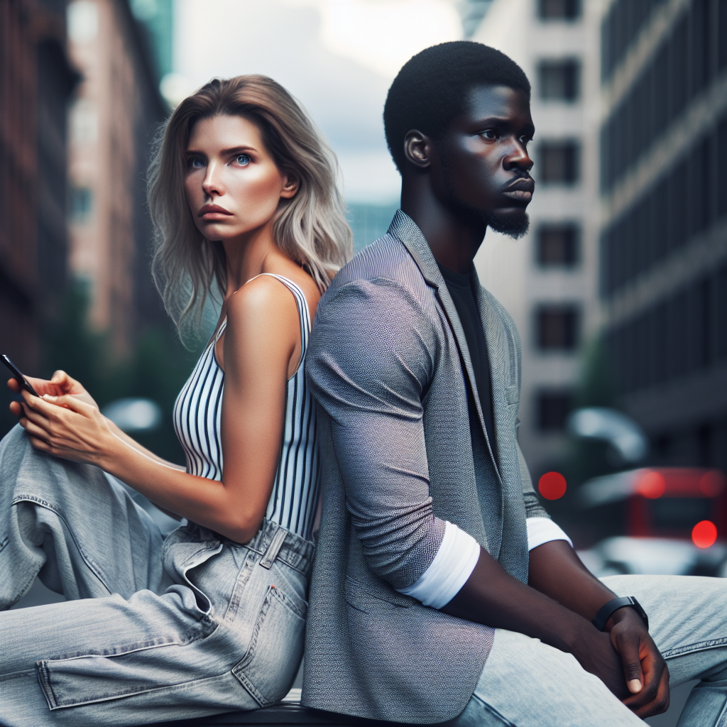 A couple sitting back to back, both looking away with thoughtful expressions, one holding a phone, symbolizing emotional distance and contemplation post-breakup, with a blurred urban background.