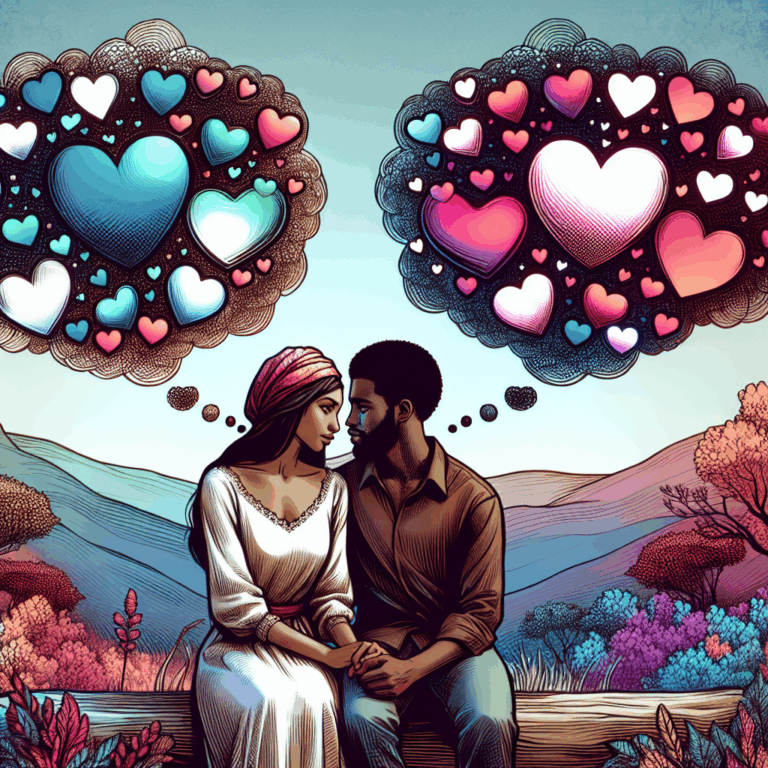 A romantic couple exchanging sweet messages, with hearts and thought bubbles in the air, symbolizing constant affection.