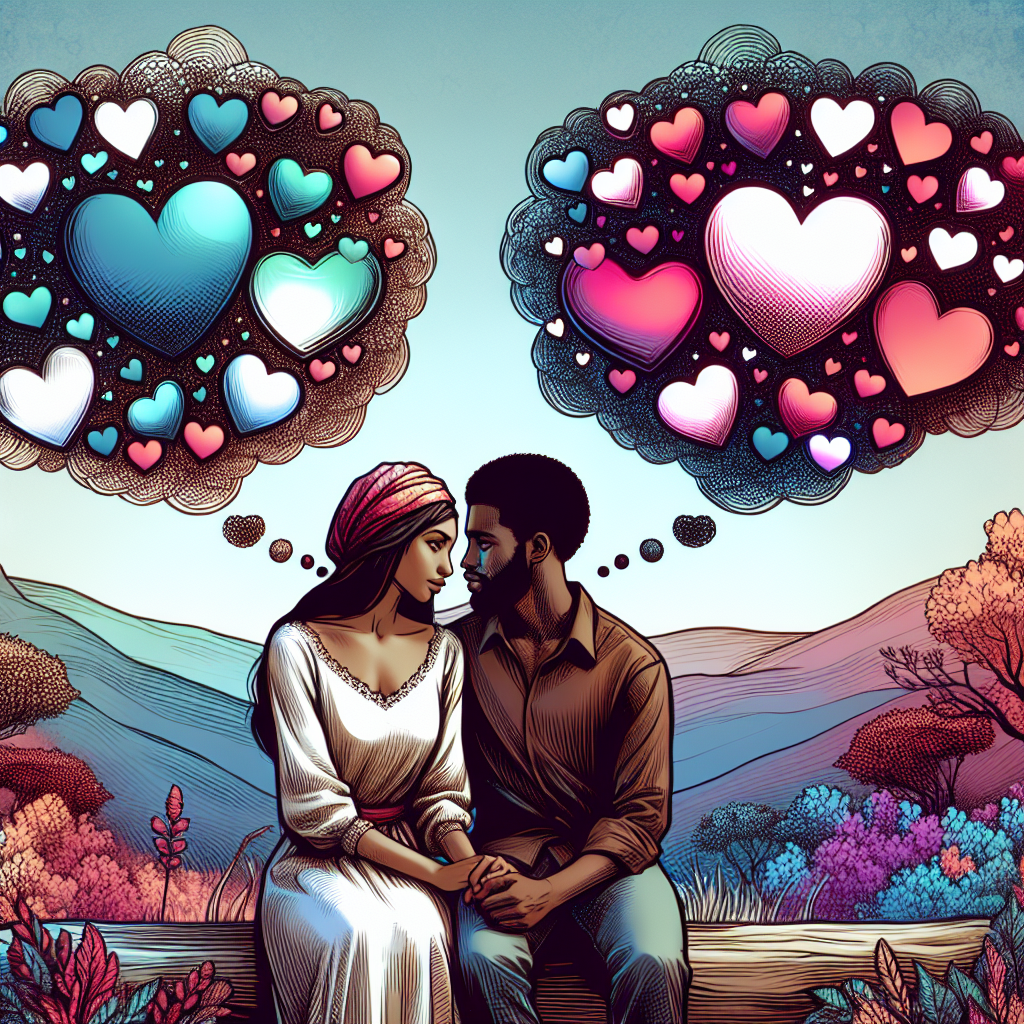 A romantic couple exchanging sweet messages, with hearts and thought bubbles in the air, symbolizing constant affection.