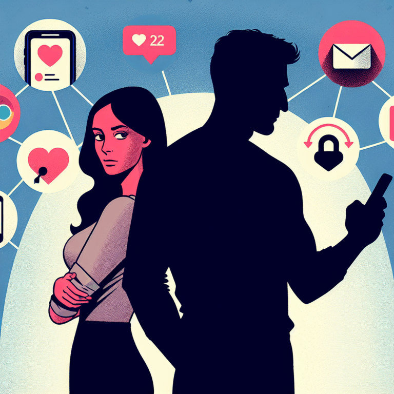 A silhouette couple with one person hiding a phone behind their back, symbolizing distrust in a relationship. Background is filled with digital icons representing social media and dating apps.