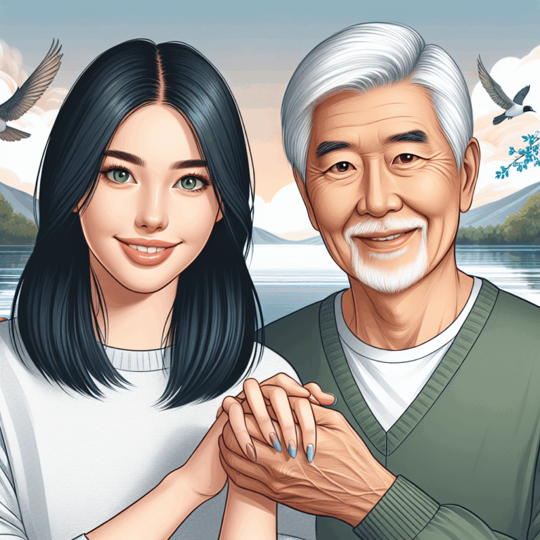 A loving couple with a significant age difference, holding hands and smiling at each other warmly in a relaxed and intimate setting, with a serene background symbolizing acceptance and understanding.