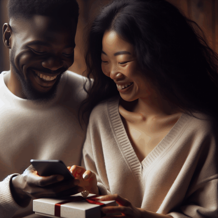 A romantic couple, smiling and exchanging text messages while one partner surprises the other with small gifts. The setting is cozy and intimate, perfect for illustrating affection and connection.