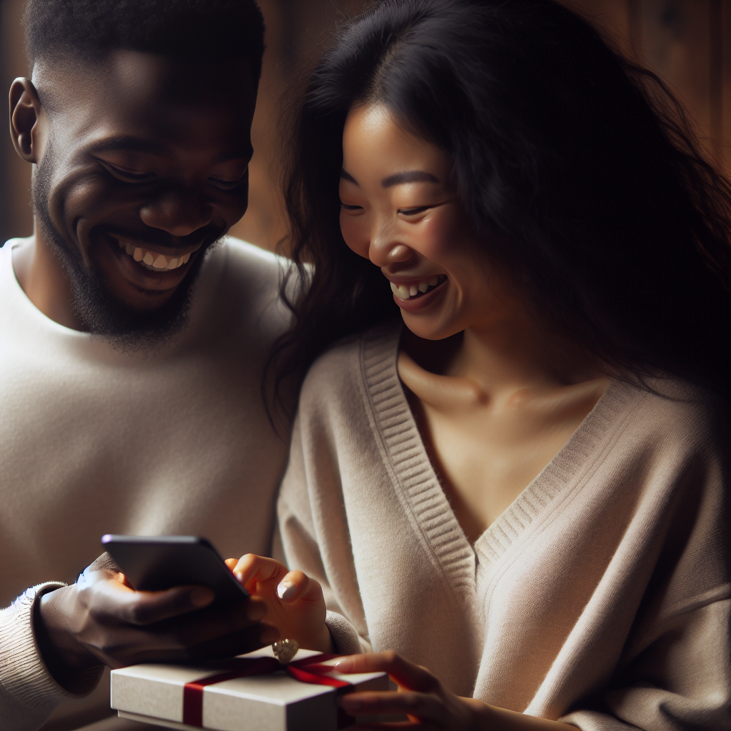A romantic couple, smiling and exchanging text messages while one partner surprises the other with small gifts. The setting is cozy and intimate, perfect for illustrating affection and connection.
