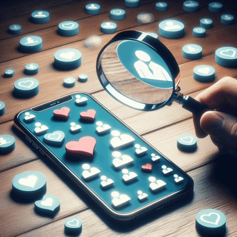 A conceptual image depicting the digital footprint in relationships, showing a magnifying glass on a smartphone with Tinder app icons, symbolizing investigation and trust issues in modern dating.
