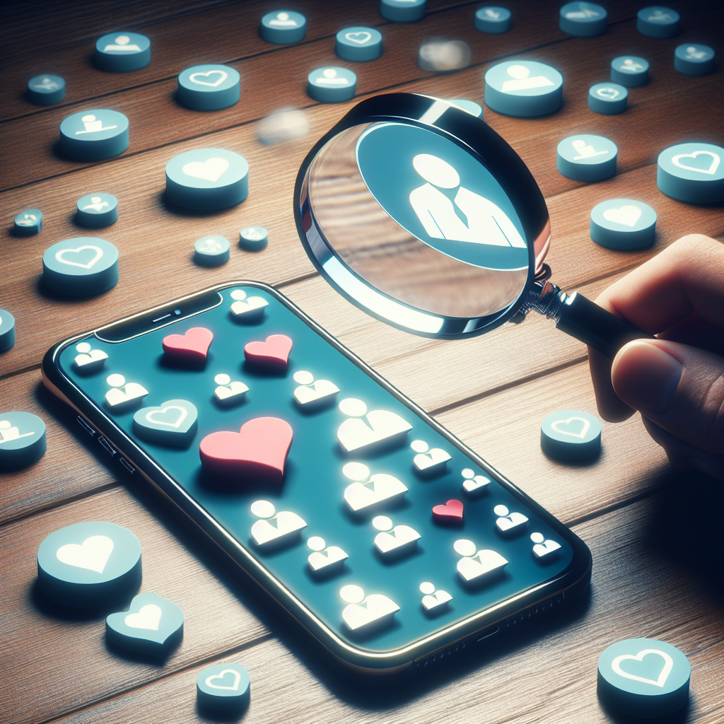 A conceptual image depicting the digital footprint in relationships, showing a magnifying glass on a smartphone with Tinder app icons, symbolizing investigation and trust issues in modern dating.