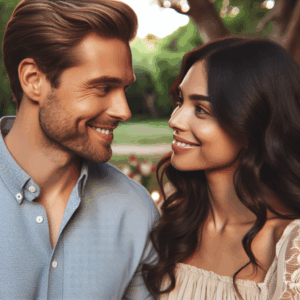 Un homme et une femme en train de se regarder dans les yeux avec des expressions de sourire amical. Ils sont élégamment habillés, dans une ambiance de rencontre paisible et charmante.