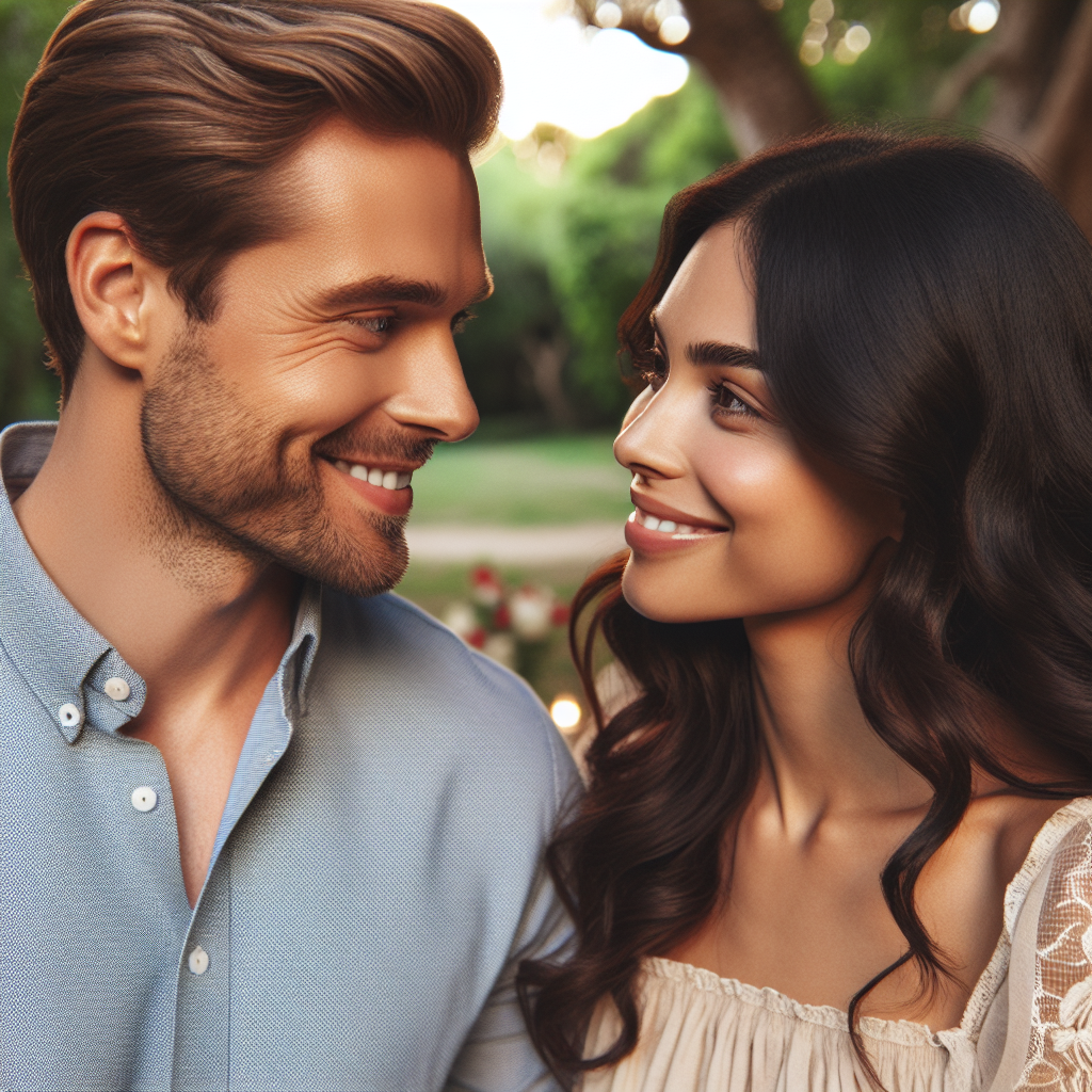 Un homme et une femme en train de se regarder dans les yeux avec des expressions de sourire amical. Ils sont élégamment habillés, dans une ambiance de rencontre paisible et charmante.