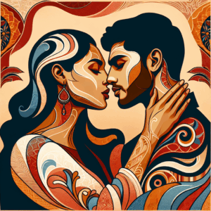 Illustration élégante et artistique d'un couple pratiquant la technique du baiser de Singapour, avec des couleurs chaleureuses et des motifs inspirés de l'art indien traditionnel, mettant en valeur l'harmonie et l'intimité.