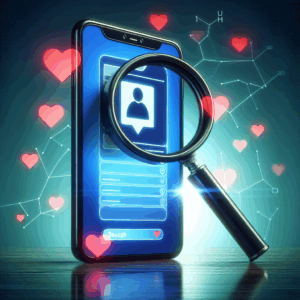 An abstract representation of online infidelity detection, showing a smartphone with a hidden Tinder app under a magnifying glass, symbolizing investigation and suspicion in relationships.