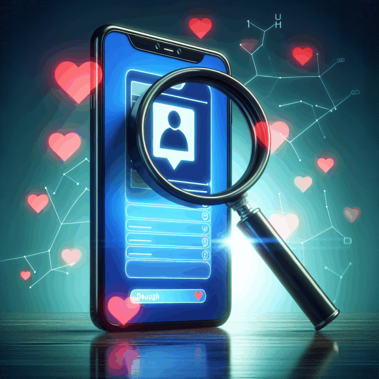 An abstract representation of online infidelity detection, showing a smartphone with a hidden Tinder app under a magnifying glass, symbolizing investigation and suspicion in relationships.