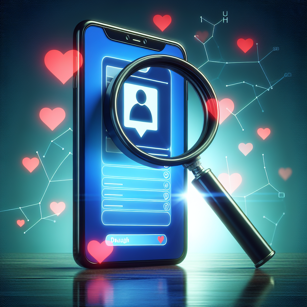 An abstract representation of online infidelity detection, showing a smartphone with a hidden Tinder app under a magnifying glass, symbolizing investigation and suspicion in relationships.