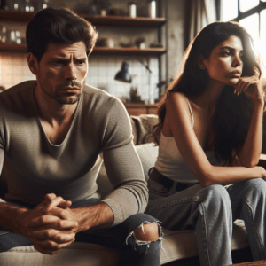 A couple sitting on a couch with one person looking frustrated and the other lost in thought. The atmosphere is tense, yet there's a sense of longing for communication. The setting is modern and cozy, with warm lighting accentuating the emotional distance.