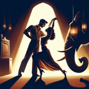 A couple in a sensual, intimate pose resembling the "elephant" position, illustrating a deep physical connection. The setting is romantic with dim lighting accentuating their form and shadow, conveying warmth and excitement.