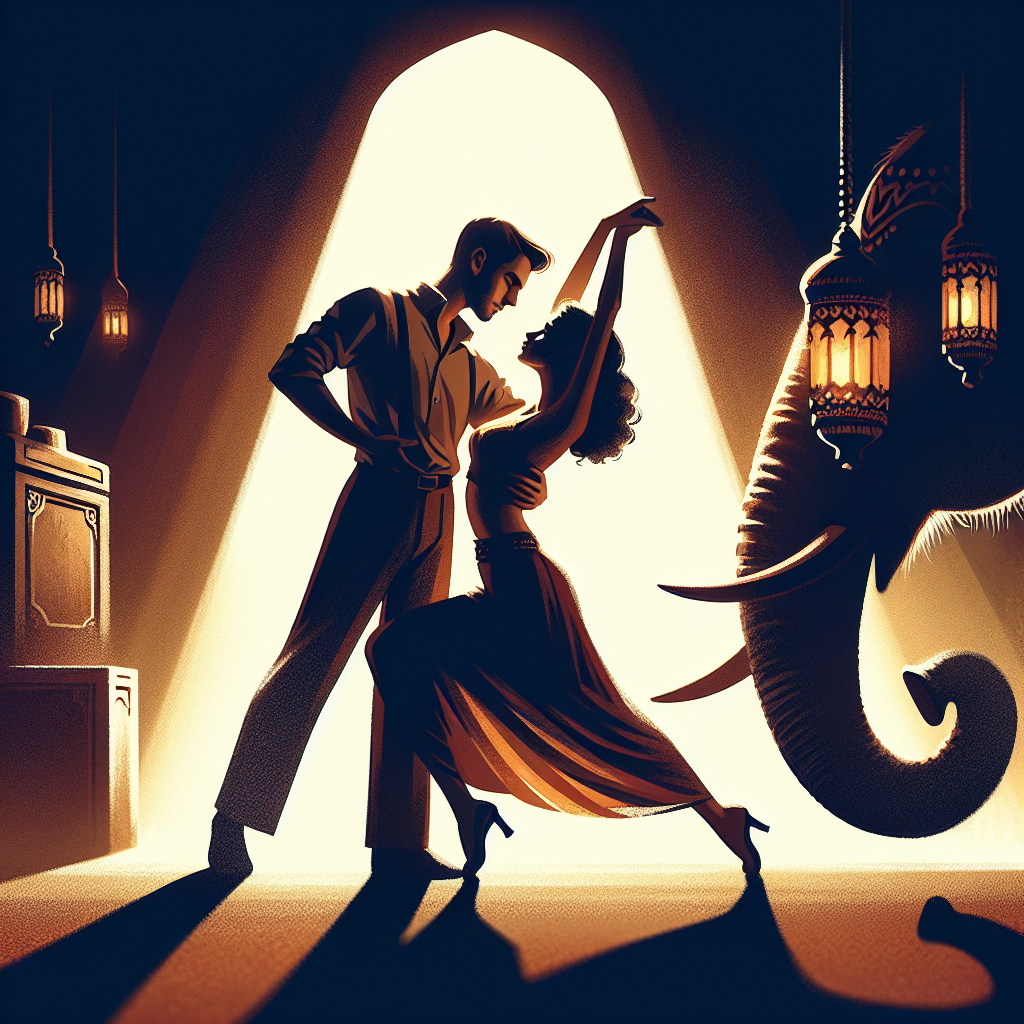 A couple in a sensual, intimate pose resembling the "elephant" position, illustrating a deep physical connection. The setting is romantic with dim lighting accentuating their form and shadow, conveying warmth and excitement.