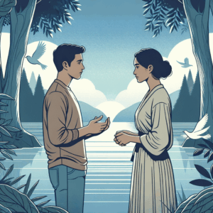 An emotional illustration showing two people having a heartfelt conversation in a peaceful setting, symbolizing mutual respect and understanding during a breakup.