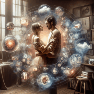 A couple in a warm embrace, surrounded by subtle symbols of connection like floating conversation bubbles, small gifts, and shared memories, set in a cozy home environment, highlighting intimate and thoughtful gestures.