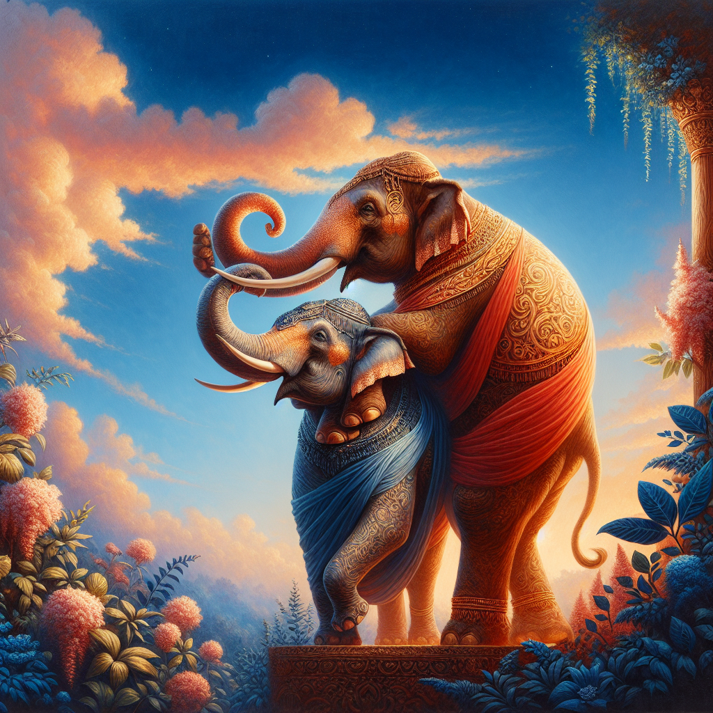 An artistic portrayal of an elephant elegantly intertwining with another, symbolizing intimacy and connection, with warm, soft hues to evoke a sense of sensuality and comfort.