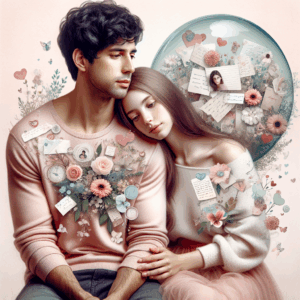 A romantic young couple sitting together, surrounded by small tokens of affection like handwritten notes and flowers, with a thought bubble over the man's head showing various memories and messages related to his partner. Soft pastel colors and a dreamy atmosphere.