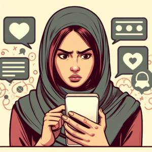 A digital illustration showing a concerned individual looking at a smartphone screen, reflecting suspicion and curiosity. The background should depict subtle references to online dating, with icons of chat bubbles and hearts to suggest a Tinder-like experience.
