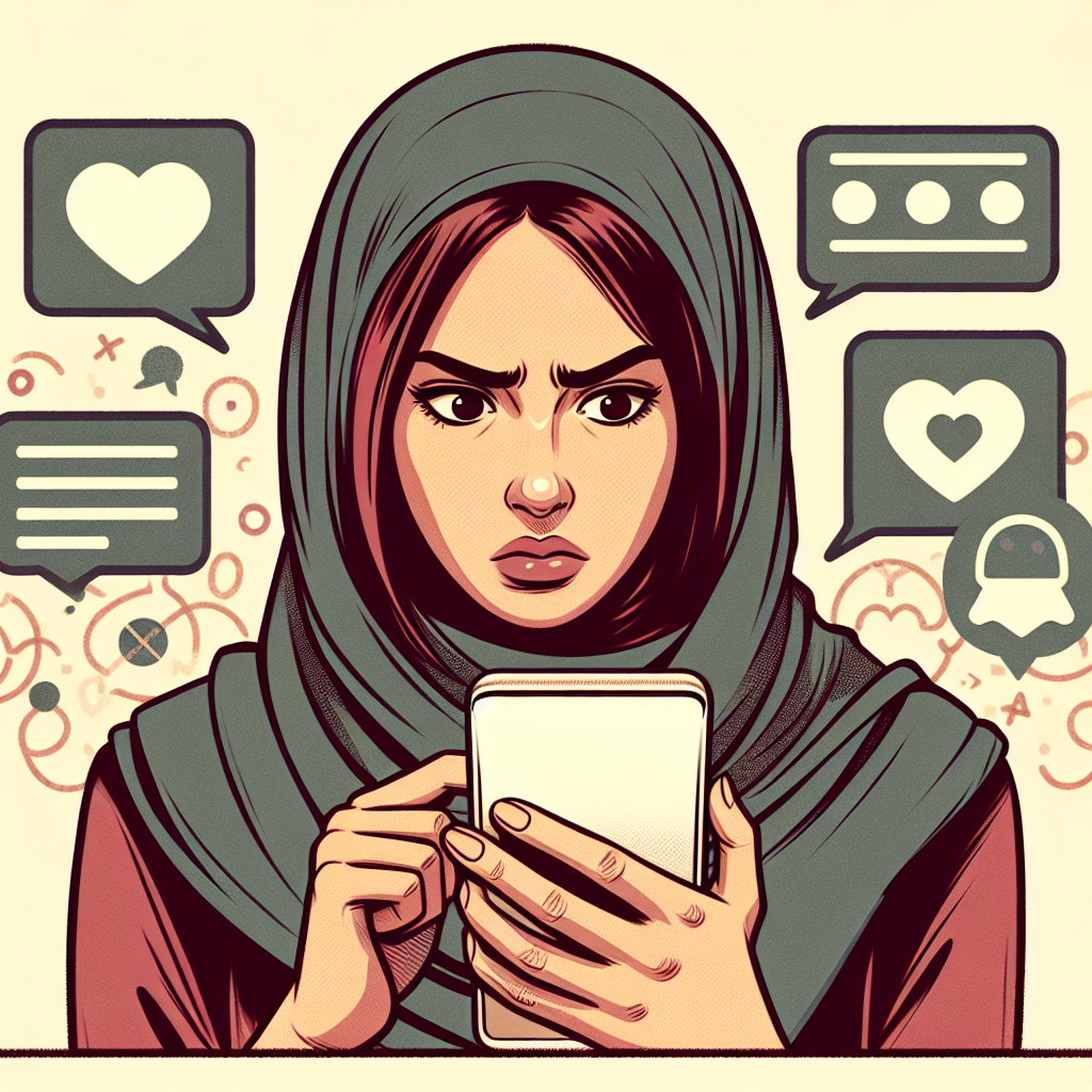 A digital illustration showing a concerned individual looking at a smartphone screen, reflecting suspicion and curiosity. The background should depict subtle references to online dating, with icons of chat bubbles and hearts to suggest a Tinder-like experience.