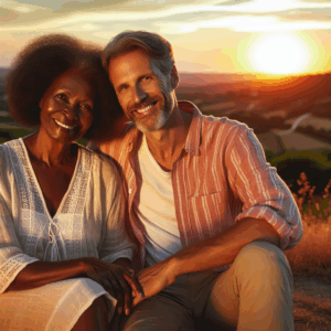A loving couple of different ages, smiling and enjoying a sunset together, symbolizing harmony beyond age differences, with soft golden light creating a warm and peaceful atmosphere.