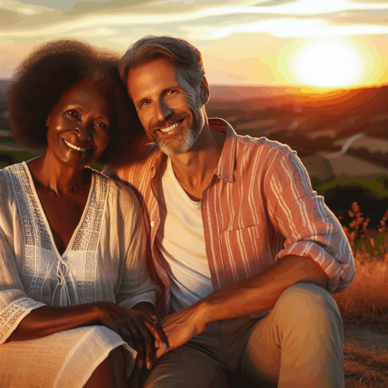 A loving couple of different ages, smiling and enjoying a sunset together, symbolizing harmony beyond age differences, with soft golden light creating a warm and peaceful atmosphere.