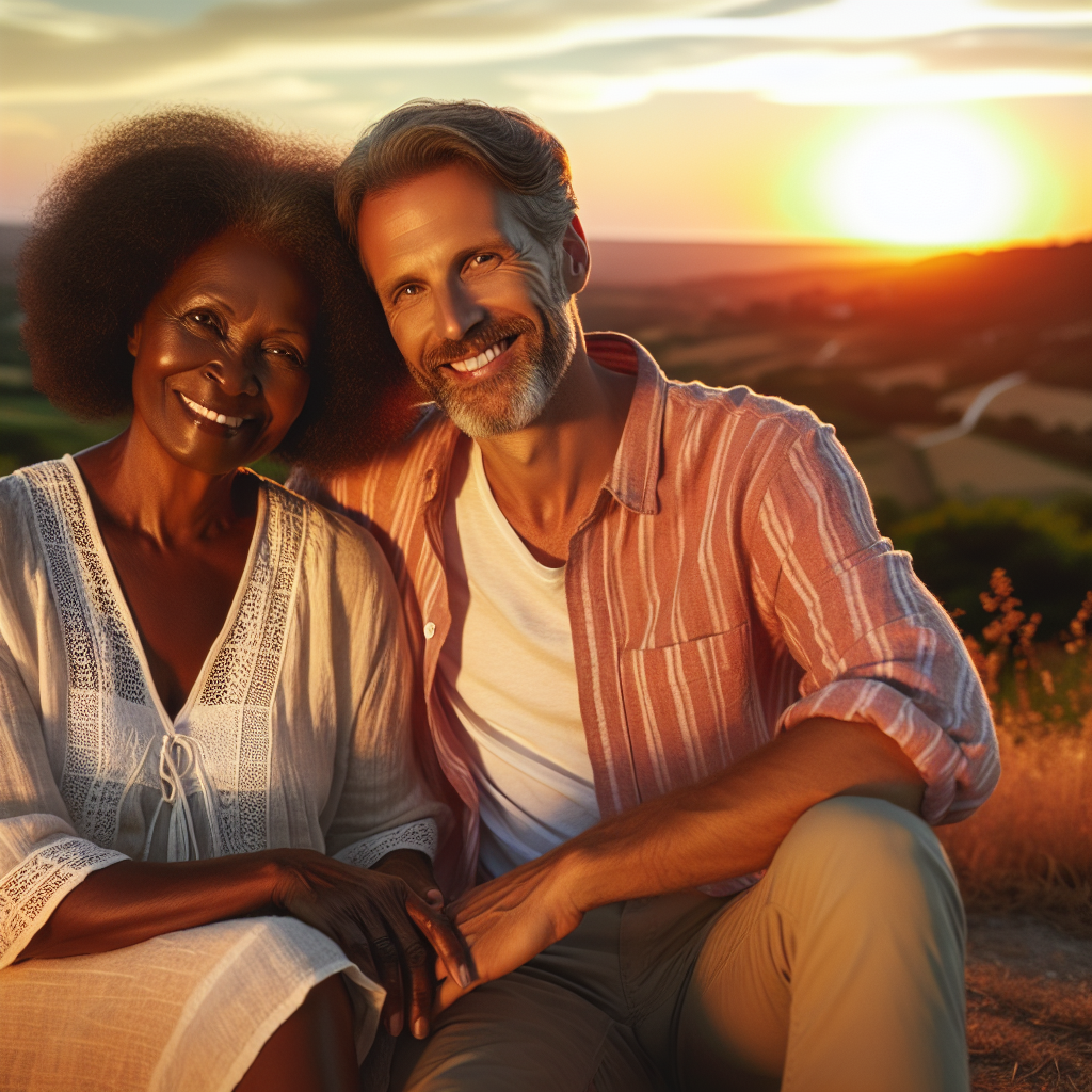 A loving couple of different ages, smiling and enjoying a sunset together, symbolizing harmony beyond age differences, with soft golden light creating a warm and peaceful atmosphere.