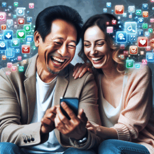 A happy couple sitting together, smiling at their phone, surrounded by icons of apps and digital connections, symbolizing togetherness and technology in relationships.