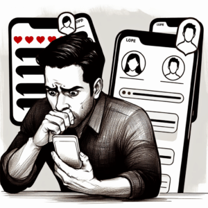 An illustration of a worried person looking at their phone, suspecting infidelity, with Tinder app icons in the background.