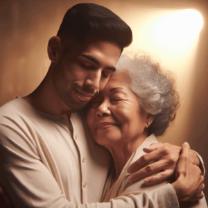 A couple of different ages in a loving embrace, symbolizing unity beyond age differences, set against a soft, warm background symbolizing love and harmony.