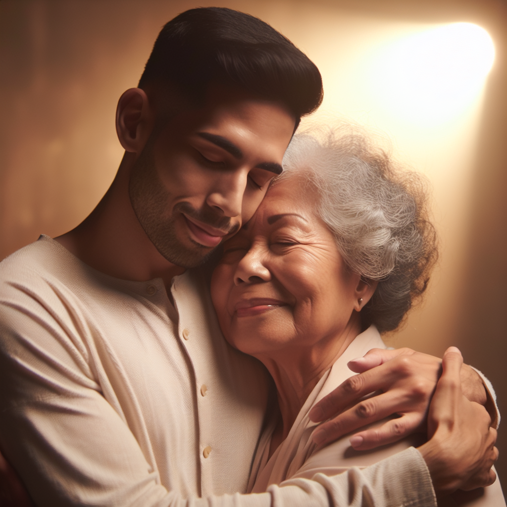 A couple of different ages in a loving embrace, symbolizing unity beyond age differences, set against a soft, warm background symbolizing love and harmony.