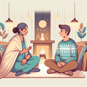 An emotional illustration showing a couple in a deep conversation, with expressions reflecting understanding and empathy, set in a serene, intimate setting like a cozy living room.