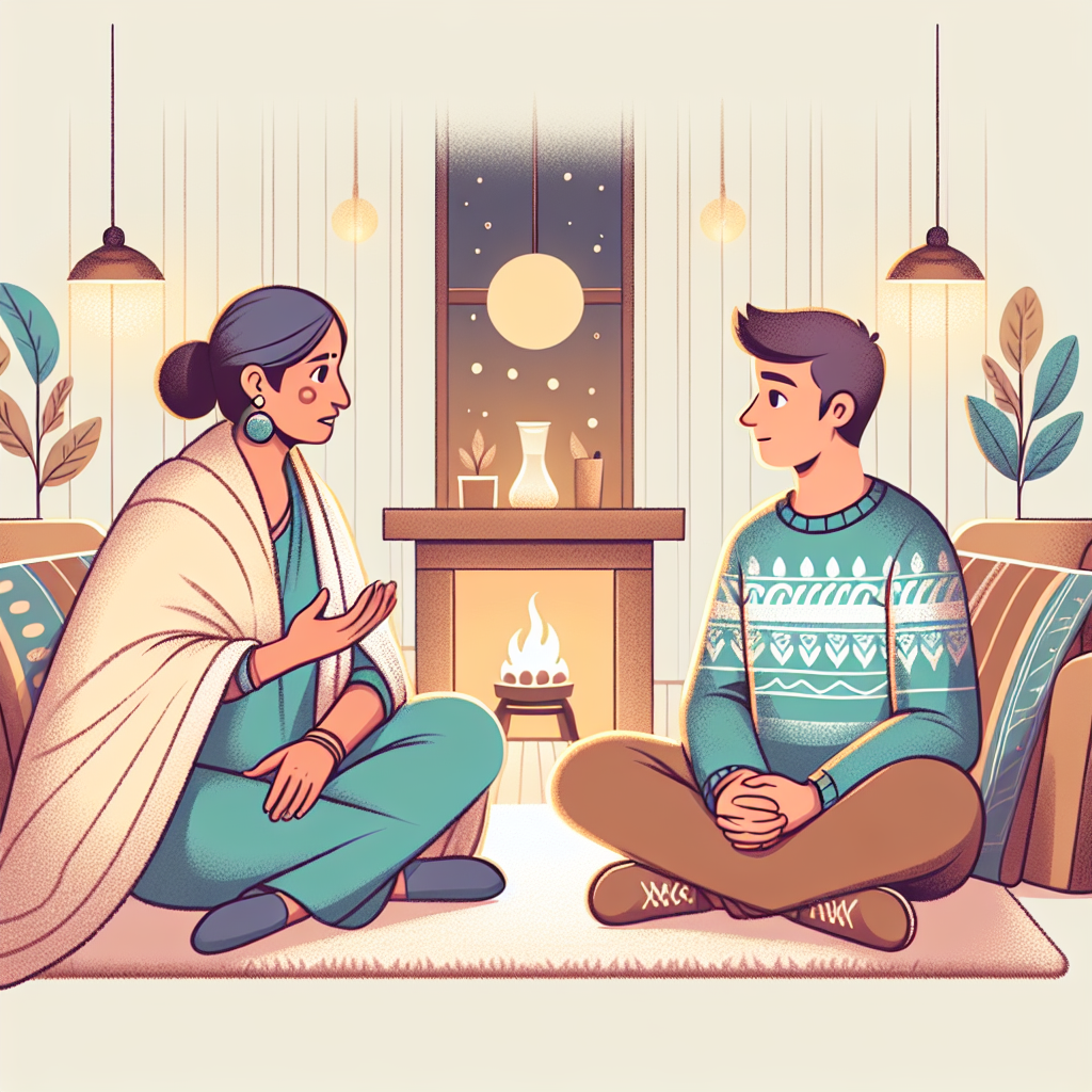 An emotional illustration showing a couple in a deep conversation, with expressions reflecting understanding and empathy, set in a serene, intimate setting like a cozy living room.
