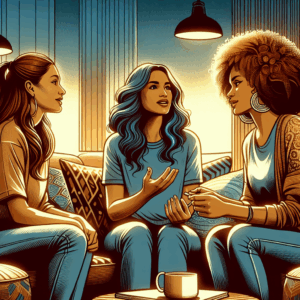 An artistic illustration of three women engaging in a discussion about sexual pleasure techniques, emphasizing a candid and empowering atmosphere with elements of intimacy and inclusivity.