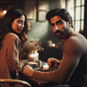A couple sitting at a café table, with one partner looking over their shoulder at the other with a worried expression. The setting is intimate and warm, with soft lighting and subtle romantic decor.