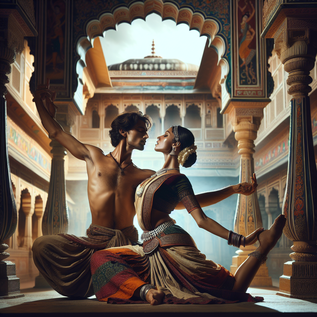A couple engaged in an intimate and cultural dance, symbolizing ancient techniques and sensuality, with a backdrop of an Indian palace, conveying connection and mysticism.
