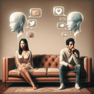 A couple sitting on a couch, looking distant from each other, with speech bubbles showing indirect, unspoken requests or complaints, capturing the essence of miscommunication in relationships.