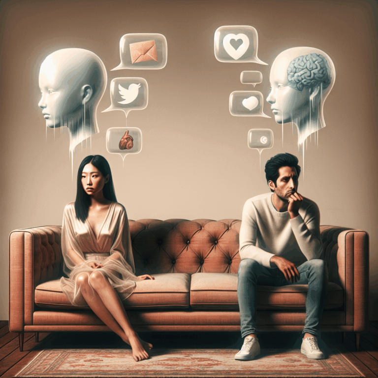 A couple sitting on a couch, looking distant from each other, with speech bubbles showing indirect, unspoken requests or complaints, capturing the essence of miscommunication in relationships.