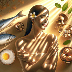 A serene woman basking in sunlight, surrounded by elements symbolizing nutrition and health, like fish, eggs, and mushrooms, to illustrate the balance of mind and body through vitamin D.