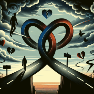 A dramatic illustration depicting the concept of infidelity, showing two intertwined paths diverging, with a shadowy figure on one path, symbolizing deceit. Different emotional expressions, such as suspicion and heartbreak, are subtly included in the background.