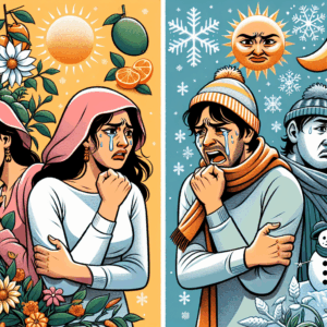 A couple experiencing stress during different seasons, concept of emotional tension in relationships around May-June and December, with symbolic calendar icons and expressive facial expressions.