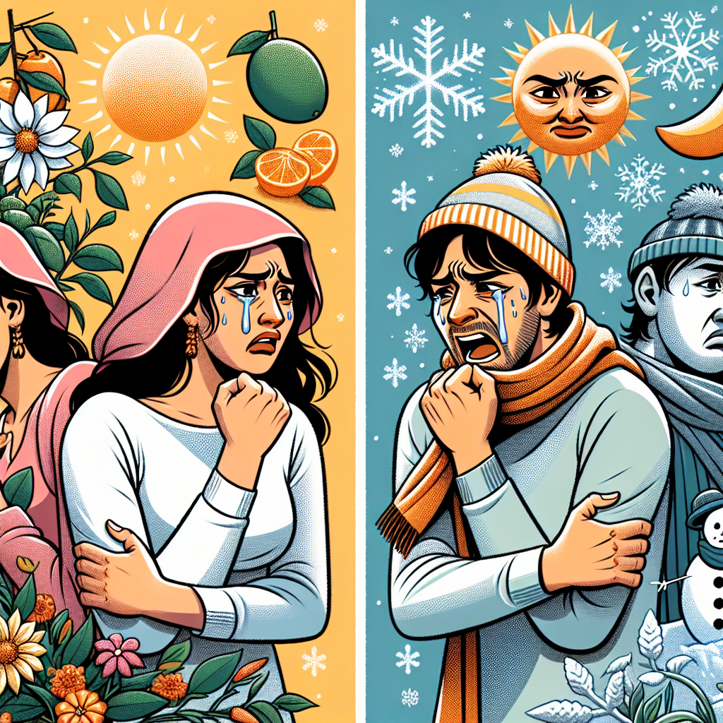 A couple experiencing stress during different seasons, concept of emotional tension in relationships around May-June and December, with symbolic calendar icons and expressive facial expressions.