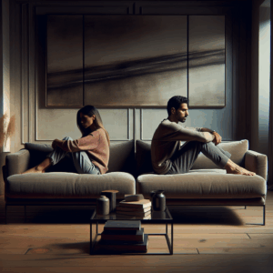 A thoughtful and emotional scene depicting a couple sitting back-to-back on a couch, symbolizing emotional distance. The room is softly lit, with subtle elements indicating a modern home environment, capturing the essence of a relationship at a crossroads.