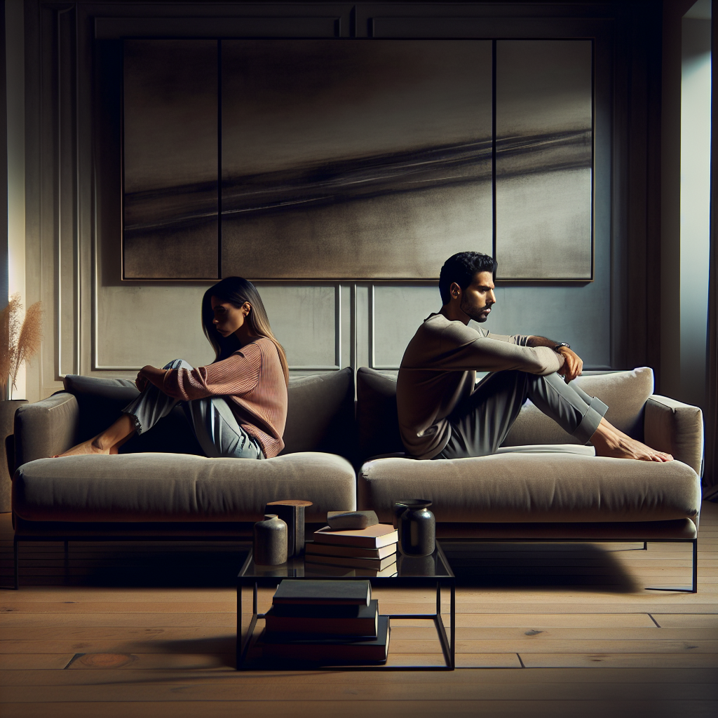A thoughtful and emotional scene depicting a couple sitting back-to-back on a couch, symbolizing emotional distance. The room is softly lit, with subtle elements indicating a modern home environment, capturing the essence of a relationship at a crossroads.
