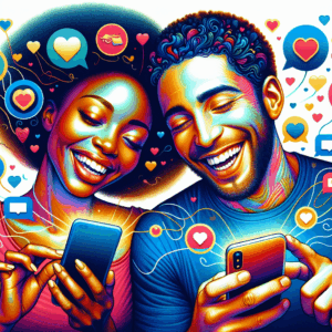 A colorful illustration of a happy diverse couple engaged with various smartphone applications that enhance their relationship, showing love and connectivity.